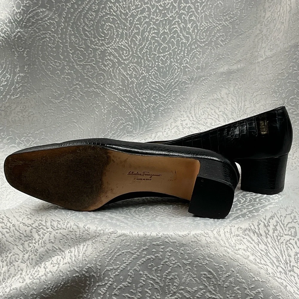 Salvatore Ferragamo Black‎ Croc-Embossed Heels